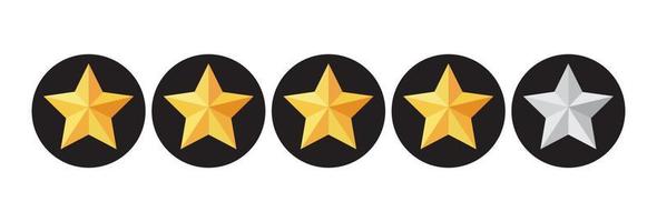 Four stars rating vector button. Yellow rating stars in dark circles backgrounds.