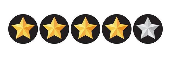 Four stars rating vector button. Yellow rating stars in dark circles backgrounds.