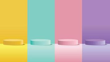 Set of Yellow, Turquoise, Pink, Purple, scene background with stage podium. Pedestal with for product display, show base on pastel color backdrop. vector