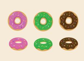 Colorful donut with pink, chocolate, green glazed set on white background. The view from the top and from the side. Vector illustration