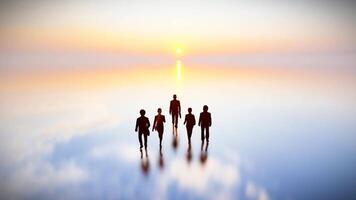 silhouette homme d'affaire équipe en marchant sur réflexion sol, 3d le rendu gens dans retour vue à le coucher du soleil temps. video