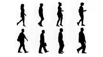 ensemble de noir forme gens en marchant sur blanc arrière-plan, isolé Hommes et femmes 3d Humain graphique animation dans 4k. video