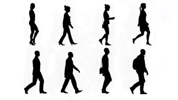 motion graphics set of people walking in silhouette,black shape persons rendering 2D animation. video