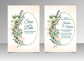 watercolor wedding invitation card with green watercolor leaves wreath and golden frame watercolor background vector illustration