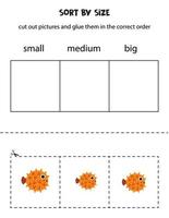 Sort cute puffer fish by size. Educational worksheet for kids. vector