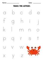 Learning alphabet. Tracing letters. Cute crab. vector