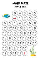 Get cute blue fish to the seaweed by counting to 16. vector