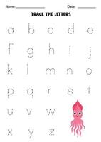 Learning alphabet. Tracing letters. Cute pink squid. vector