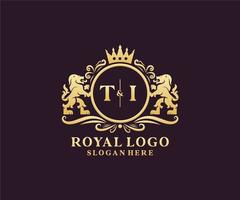 Initial TI Letter Lion Royal Luxury Logo template in vector art for Restaurant, Royalty, Boutique, Cafe, Hotel, Heraldic, Jewelry, Fashion and other vector illustration.