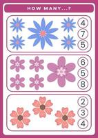 How many flowers are there. Math worksheet for kids vector