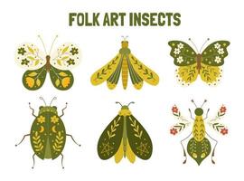 Spring motifs in folk art style. Folk art insects vector