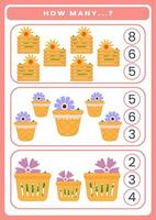 How many flowers are there. Math worksheet for kids vector