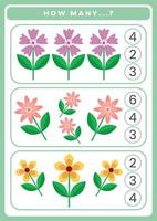 cómo muchos flores son allá. matemáticas hoja de cálculo para niños vector