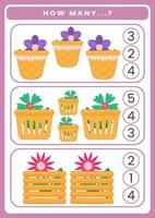 How many flowers are there. Math worksheet for kids vector