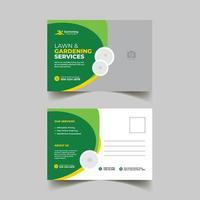 Lawn Mower Garden or Landscaping Service Postcard Template. vector