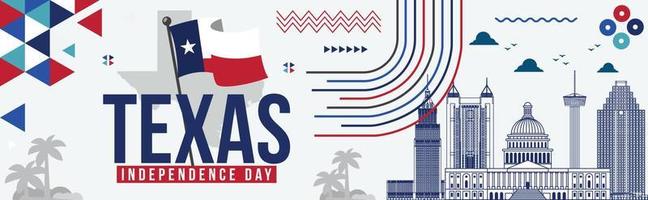 Texas Independence Day banner with famous Buildings, Texas Waving flag theme Geometric Abstract design Map with Landmarks, Independence Day Vector Illustration