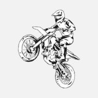 motocross corredor, jinete. mano dibujado ilustración, negro y blanco, silueta. suciedad bicicleta conceptos, extremo deporte, vehículo, motocicleta comunidad. Perfecto para camisas, pegatinas, imprimir, etc. vector