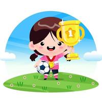 linda niña soportes con un fútbol pelota oro medalla y un ganador taza vector