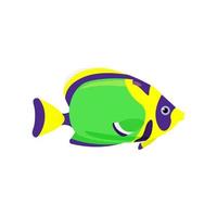 Decorative marine fish green with yellow and purple stripes. Vector marine fish isolated on white background