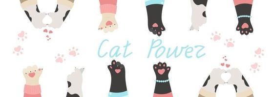 Horizontal banner with cat paws, heart finger gestures, vector flat illustration. Funny paws of animals