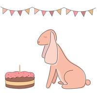 vector dibujo de un beige liebre o Conejo con cumpleaños pastel y guirnalda en boho estilo en un blanco antecedentes. clipart para negocio tarjeta, logo, folleto, diseño