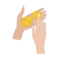 A hand passing a golden dollar coin into the hand. Hands counting cents. Finance. vector