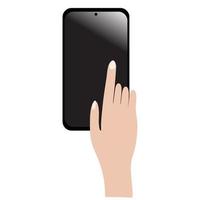 un mujer mano puntos a un blanco teléfono inteligente pantalla dónde usted lata añadir un vector ilustración. clipart
