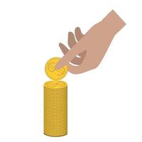 The hand puts a golden dollar coin in a stack. Counting cents. Finance vector