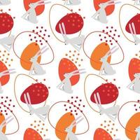 Seamless background with colored Easter eggs, hare or rabbit and dots on white. Festive pattern. Wrapping paper vector