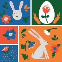 Abstract spring Easter drawing set. Collage of rabbit or hare, eggs, flowers, card set vector