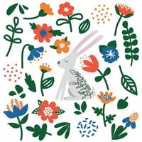 Easter set with flowers and rabbit on a white background. Festive clip art with hare or bunny vector