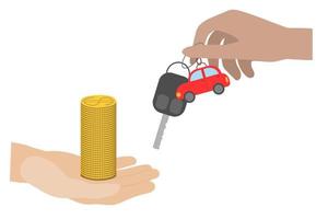 A hand with a stack of golden dollar coins next to the second hand with a car keys. Buying a car. financial spending vector