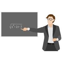 Mathematics teacher near the blackboard. Algebra example explained by a student. vector