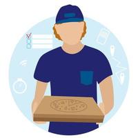 Pizza entrega hombre en un azul uniforme en blanco. plano estilo. en línea orden entrega Servicio vector