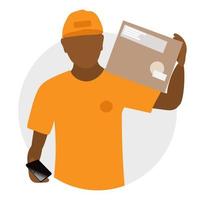 A black delivery man in a orange uniform holds a packed box and a smartphone. Flat style. Online order delivery service vector