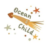 Squid with starfish and pebbles with text ocean child on a white background. Children's marine clip-art vector