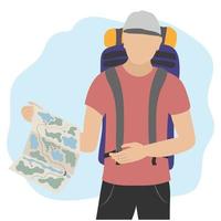 turista con un mapa y un grande mochila. activo estilo de vida vector dibujos animados