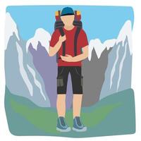 Mountain landscape with hiker man in rocks. Vector cartoon illustration of tourist with backpack