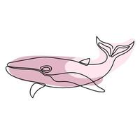 Whale drawn in one line on white with pink spots of paint. Underwater animal. Mammal of the oceans. Design for logo, tattoo. vector