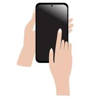 A woman's hands points to a blank smartphone screen where you can add a vector illustration. Clipart