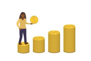 Black girl freelancer earns coins. Stacks of dollar coins in ascending order. Climbing the career ladder. Economic growth concept vector