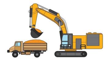 Vector illustration Hand drawn color children construction medium size excavator with dump truck clipart