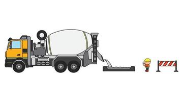 Vector illustration color children construction vehicle cement mixer truck and construction worker clipart