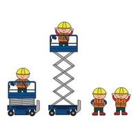 Vector illustration color children construction workers and mini scissor lift construction machine clipart