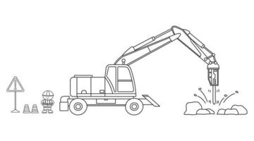 Hand drawn Vector illustration color children construction mini size wheeled drill excavator and construction worker clipart