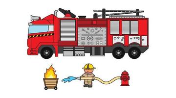 Vector illustration color children fire engine with firefighter clipart