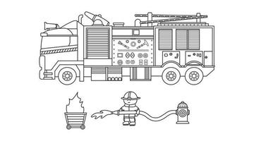 Hand drawn Vector illustration color children fire engine with firefighter clipart