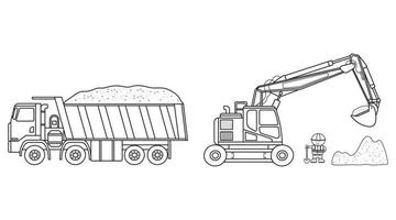 Hand drawn Vector illustration color children construction site with excavator dump truck and construction worker clipart