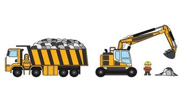 Vector illustration color children construction site with excavator dump truck carrying rocks and construction worker clipart