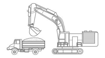 Hand drawn color children construction medium size excavator with dump truck clipart vector